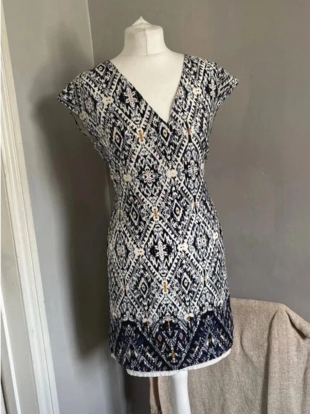 Printed V-Neck Maxi Dress in Navy and White